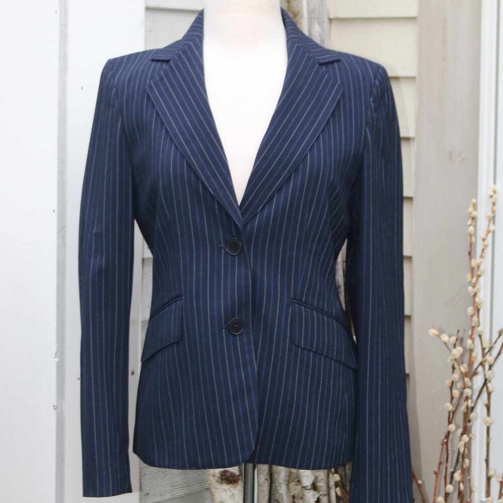 Anne Klein Blue Pinstripe 2 Button Fitted Blazer Jacket Sz 6